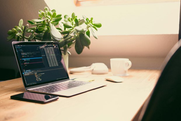 Cozy home office setup with laptop, tablet, and plant, ideal for work-from-home settings.