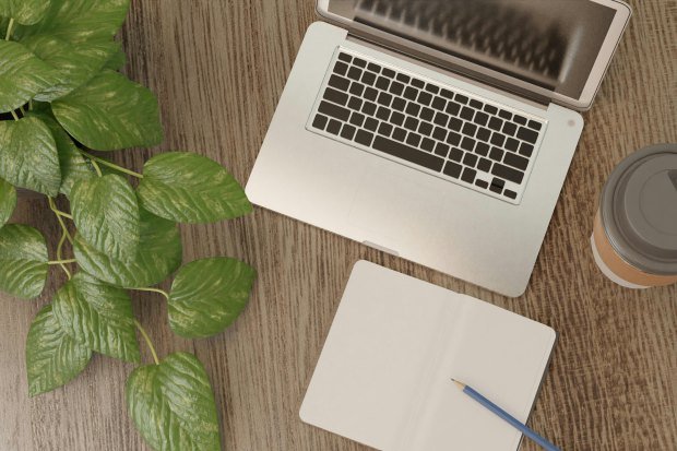 Top view of a stylish workspace with laptop, coffee, and plant for a productive day.